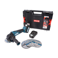 Aku úhlová bruska bezuhlíková 18 V, 125 mm + kotouče + baterie 5.0 Ah + nabíječka + box