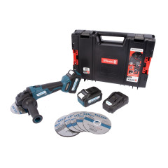 Aku úhlová bruska bezuhlíková 18 V, 125 mm + kotouče + 2 baterie 5.0 Ah + nabíječka 3.5 A + box
