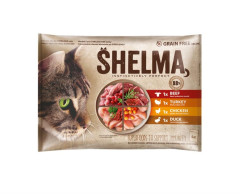 TMX SHELMA Cat kuře, hovězí, kachna a krůta, kapsa 85g (4 pack)
