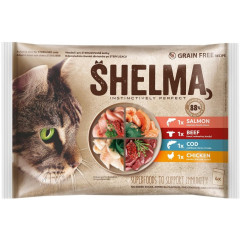 TMX SHELMA Cat kuře, hovězí, losos a treska, kapsa 85g (4 pack)