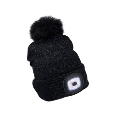 Čepice s čelovkou 45lm, nabíjecí, USB, černá se třpytkou a bambulí, univerzální velikost