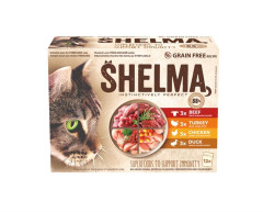 SHELMA Cat kuřecí, hovězí, kachní a krůtí, kapsa 85g (12 pack)