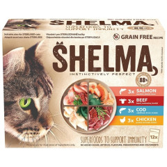 TMX SHELMA Cat kuřecí, hovězí, losos a treska, kapsa 85g (12 pack)